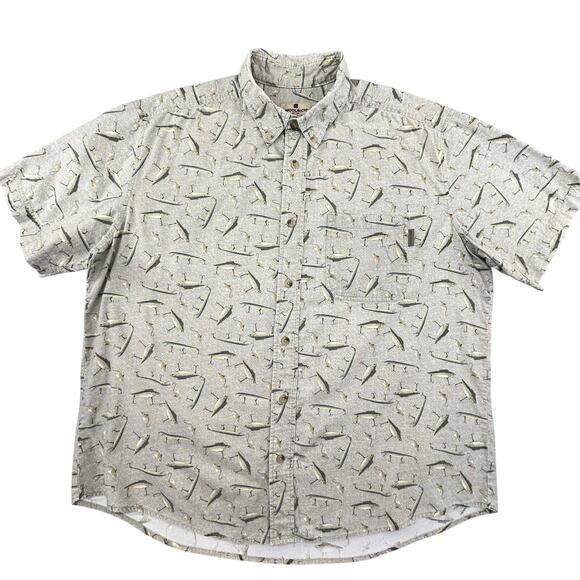Woolrich Camp Shirt Mens XL Short Sleeve Tan Fishing Lures Button Down Stretch - Picture 2 of 16